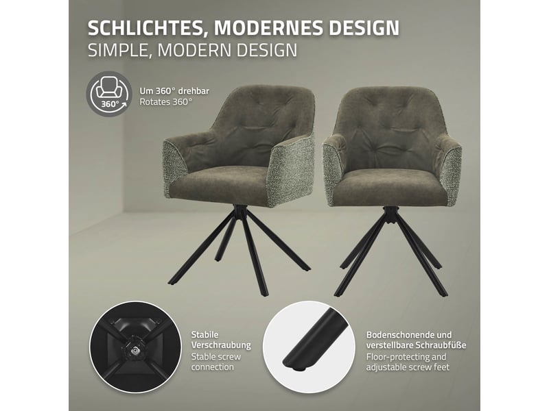  Ml-design chaise salle à manger pivotante 360° en tissu tissé et simili, avec accoudoirs et dossier, structure en acier, pieds réglables, rembourrage confortable, pour salon cuisine, 120 kg, vert ECD Germany GmbH - Conforama C