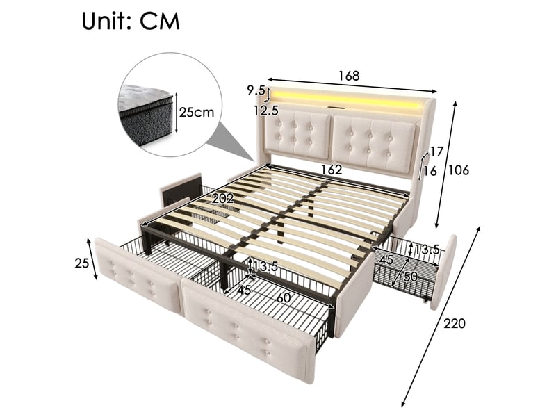  Lit rembourré tcqpz 160 x 200 cm avec led, usb c, 4 tiroirs, beige, coton et bois  - Conforama C