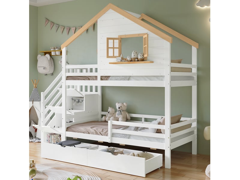  Lit superposé 90x200 cm avec escalier de rangement, pin et mdf, blanc et naturel  - Conforama C