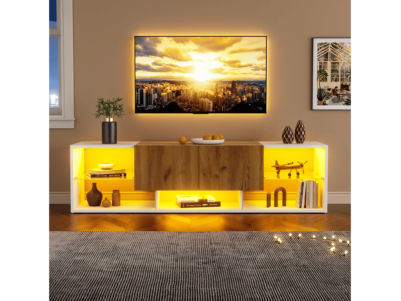  Meuble tv 160 x 40 x 42 cm avec 2 tiroirs, étagère en verre et led multicolore  - Conforama E