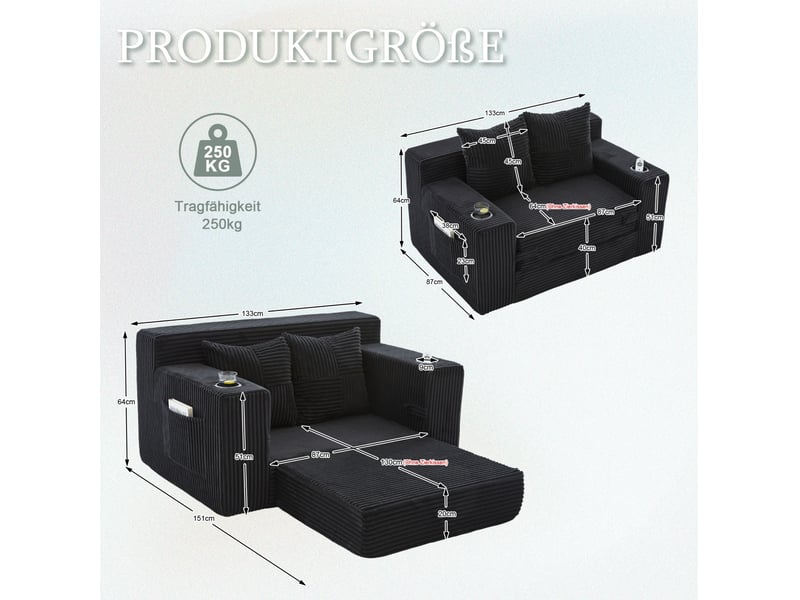  Canapé-lit tcqpz 2 places 151 x 133 x 64 cm avec poches latérales porte-gobelet velours côtelé noir  - Conforama C