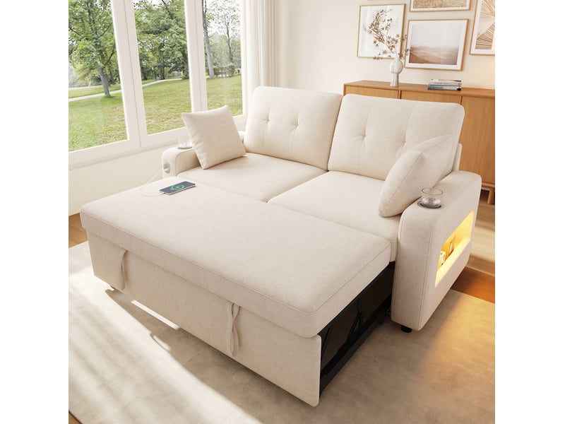  Canapé-lit tcqpz 2 places convertible 141,5 x 131 x 83,5 cm led usb type-c chenille beige  - Conforama D