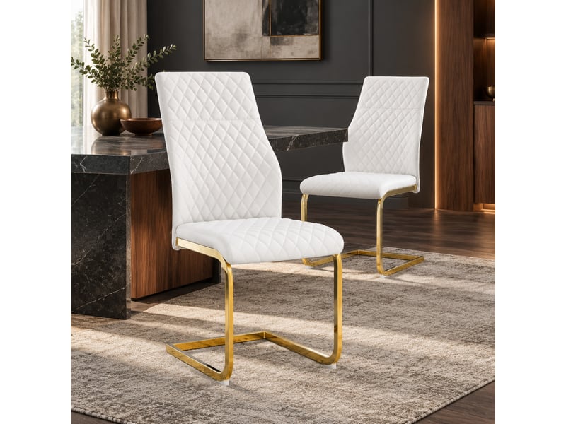  Chaises de salle à manger lot de 2 à dossier haut matelassé  - pieds antidérapants métal et pu - blanc et doré  - Conforama C