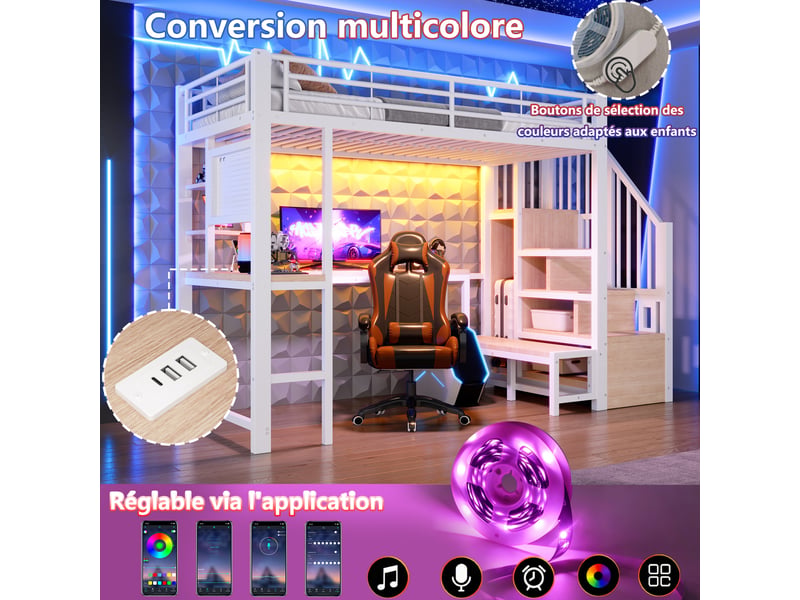  Lit mezzanine enfant 90x200 cm, cadre de lit en métal, bureau, panneau perforé, échelle avec rangement, armoire, ports usb et usb-c, éclairage led, blanc  - Conforama D