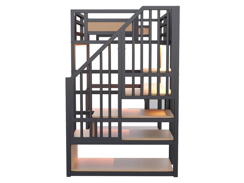  Lit mezzanine 90x200 cm en métal avec led, prise, escalier de rangement, bureau et étagères, noir Fay Lum - Conforama R