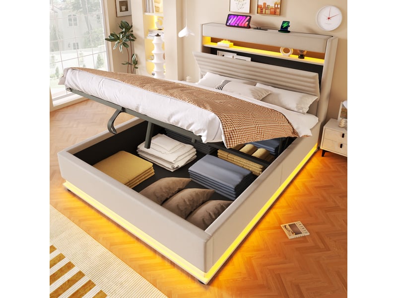Lit coffre 140x200 cm, lit double, rangement hydraulique, led, lin beige, usb et usb-c - Conforama C