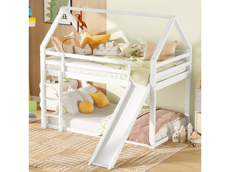  Lit superposé,lit cabane pour enfants en bois de pin 90x200cm avec toboggan,échelle d'escalade et garde-corps,blanc lit enfant blanc - Conforama E