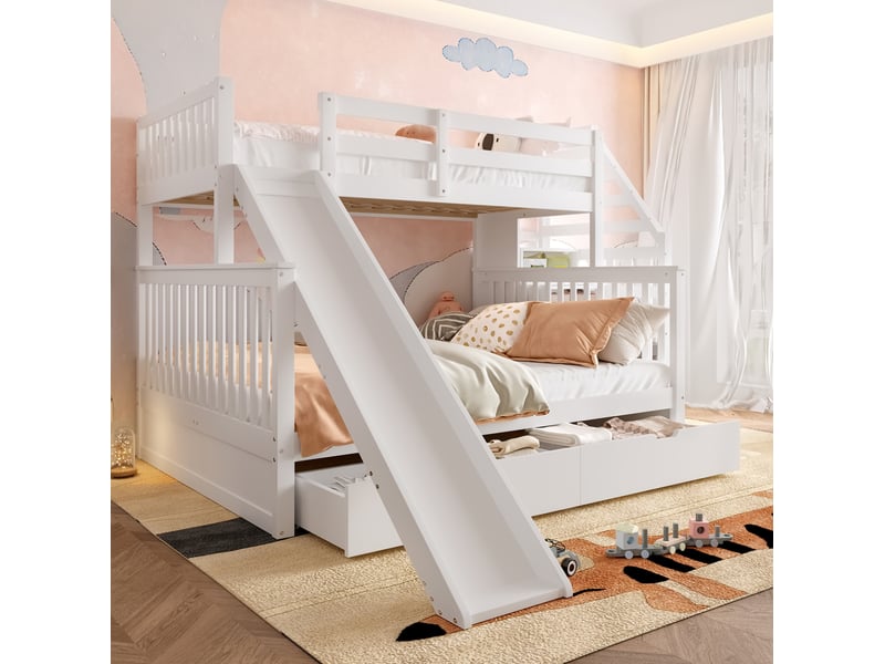  Lit superposé enfant 90x200 et 140x200 cm avec toboggan et tiroirs blanc  - Conforama B