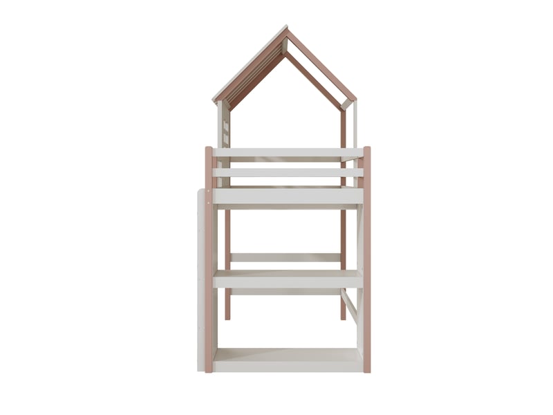  Lit mezzanine enfant 200×90 cm en forme de maison avec espace de jeu et rangement, sans matelas, rose et vert  - Conforama E