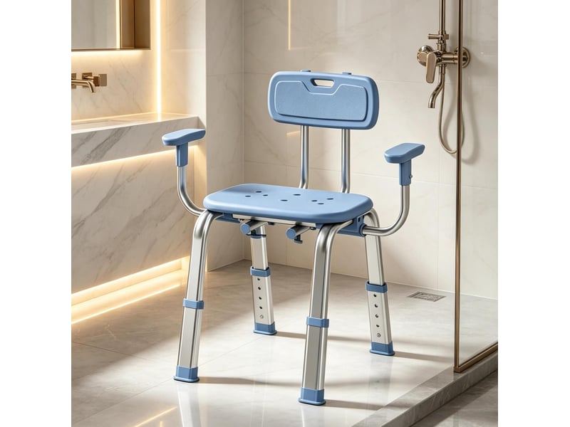  Chaise de douche réglable 60-70 x 52 x 62-72 cm bleue, aluminium et hdpe, avec dossier et accoudoirs  - Conforama B