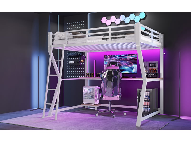  Lit mezzanine 90 × 200 cm, bureau, support pour ordinateur, led, usb et prises, métal et mdf, sommier à lattes, blanc  - Conforama B