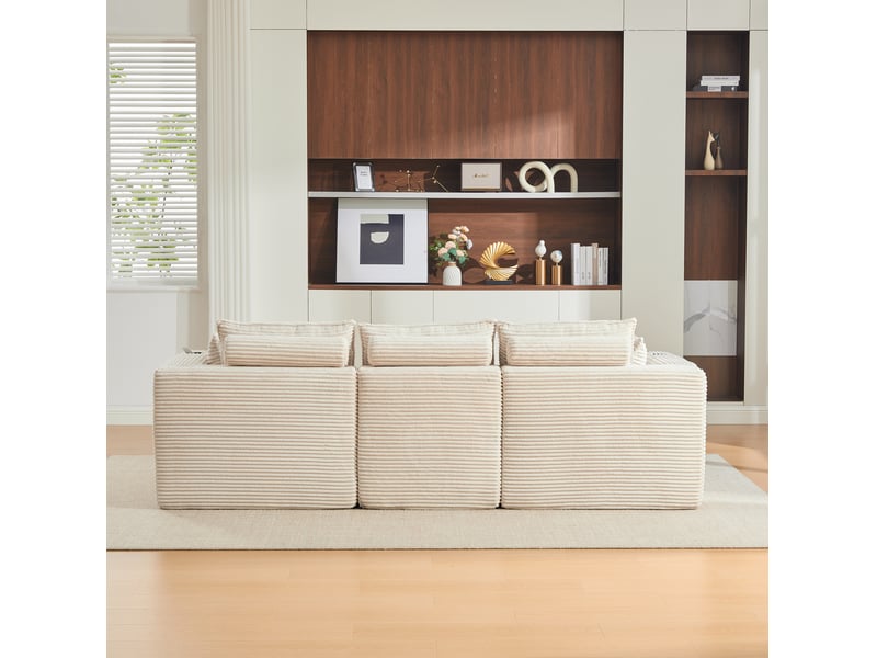 Canapé modulable 3 places modenvie avec pouf, coussins, porte-gobelets et poches latérales en velours côtelé beige - Conforama D
