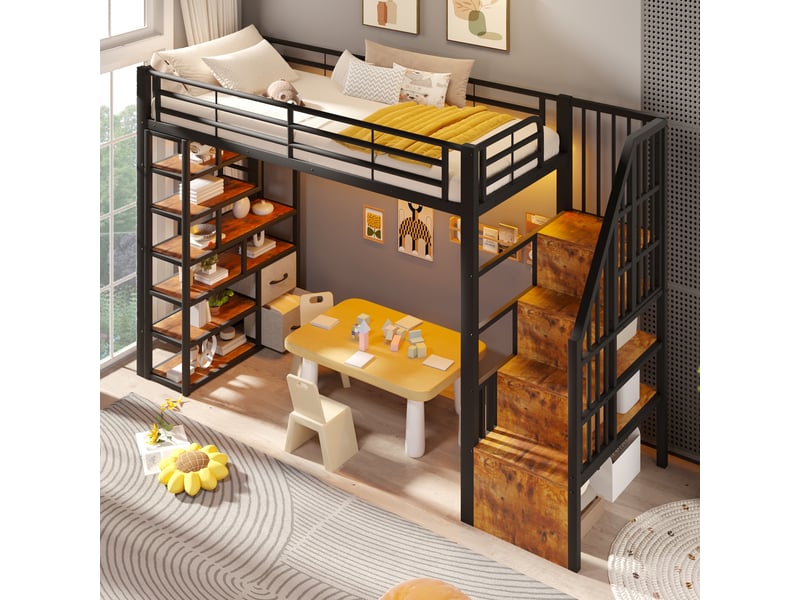 Lit mezzanine, 90 × 200 cm, noir, mdf et métal, tiroirs, rangements, garde-corps, échelle, espace ouvert dessous, led via app - Conforama E