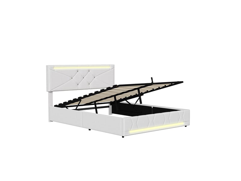  Lit coffre 140x200cm - lit double 140x200 avec éclairage led têtepied de lit, prises usb &amp; tissu en lin - beige  - Conforama A