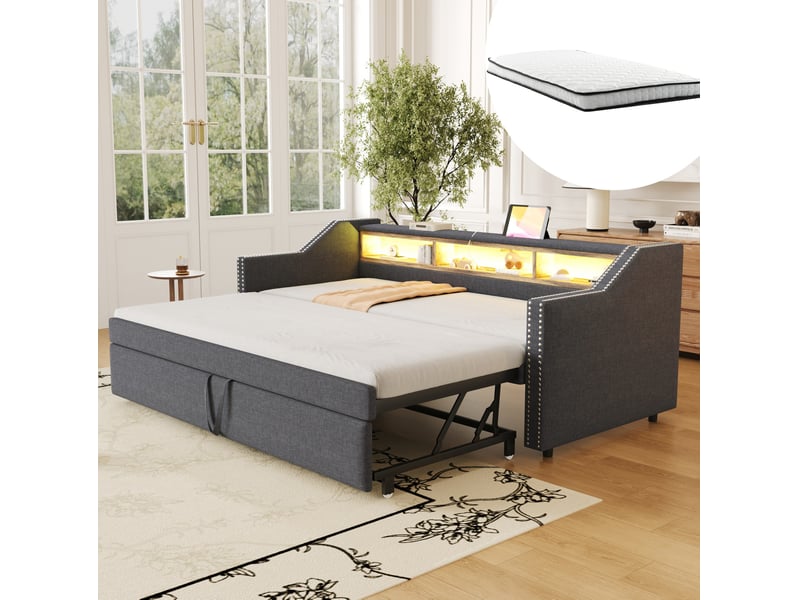  Modenvie banquette lit gigogne 90180x190 cm - led, port usb, rangement latéral, 2 matelas inclus - gris  - Conforama B