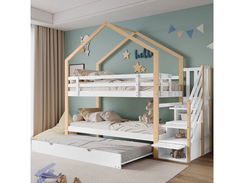  Lit superposé 90x200cm et 90x190cm, lit gigogne extensible avec escalier de rangement 3 tiroirs, bois massif et mdf pour chambre d'enfant, blanc  - Conforama B