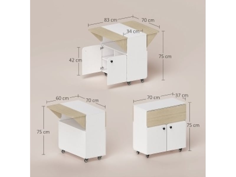  Table repas extensible avec rangement et roulettes en bois blanc cravdom  - Conforama E