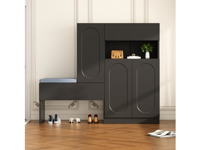 Meuble à chaussures avec banc 130x35x110 cm, portes à fermeture douce, panneau de particules, noir  - Conforama B