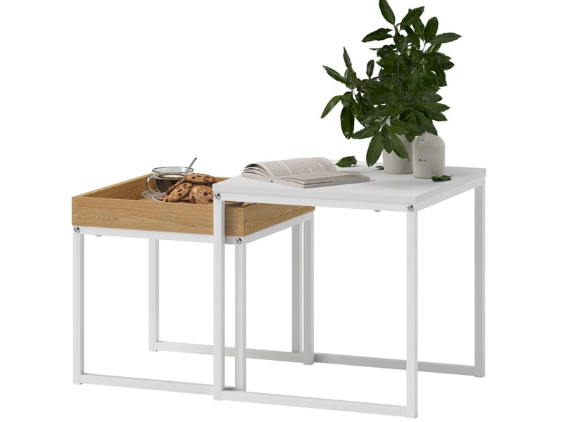 Tables basses gigognes avec plateau amovible et surface plane en mdf et acier blanc et bois clair moderne - Conforama A
