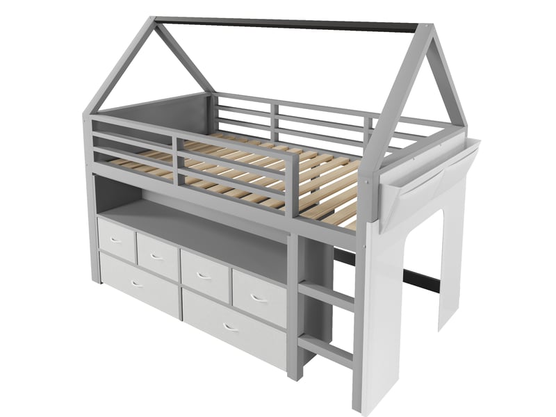Lit mezzanine enfant 90x200 cm avec led, 6 tiroirs en tissu et rideau gris, sans matelas - Conforama D