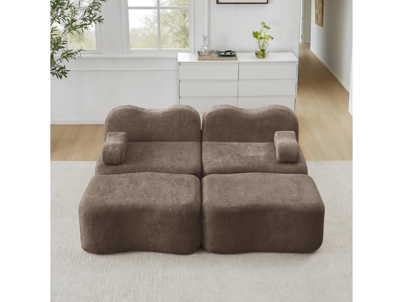  Canapé 2 places avec 2 poufs - 192x167x70 cm - canapé modulable double méridienne velours mousse 32d sans structure 700kg - marron  - Conforama D