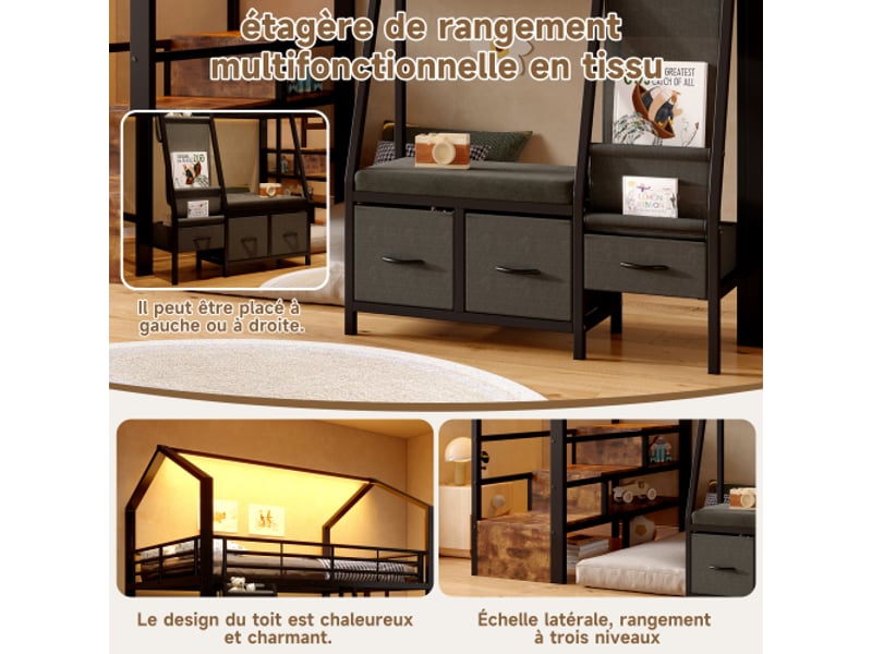  Lit mezzanine enfant 140x200 cm avec escalier rangement, étagères tissu, tiroirs et led, structure métal noire  - Conforama D