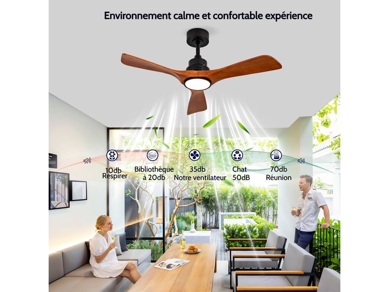  Ventilateur de plafond 107 cm avec lumière, pales en bois massif - moteur dc silencieux réversible, double commande pour chambre et salon  - Conforama E