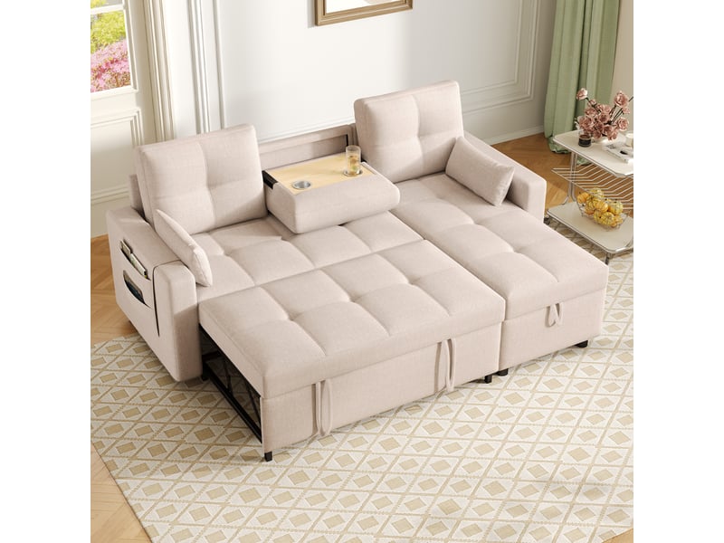 Canapé d'angle en forme de l convertible, doté d'un espace de rangement intégré et d'un porte-gobelet rabattable ; adapté aux salons et aux espaces similaires-beige  - Conforama D