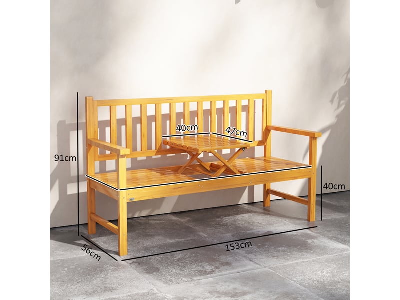  Banc de jardin avec table centrale relevable et accoudoirs, en bois, 153 x 56 x 91 cm, marron clair  - Conforama E