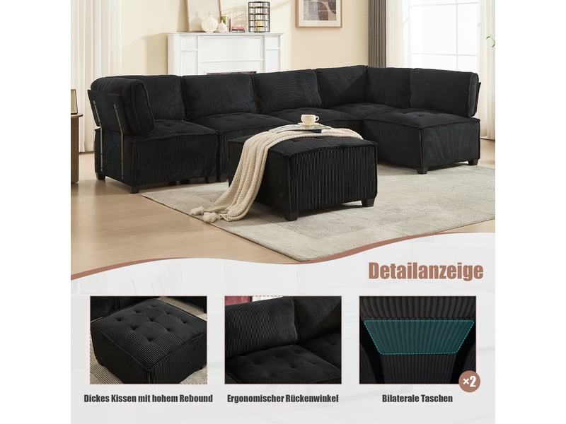  Canapé d'angle, canapé convertible : noir, 6 places, 308 cm, en velours  - Conforama D