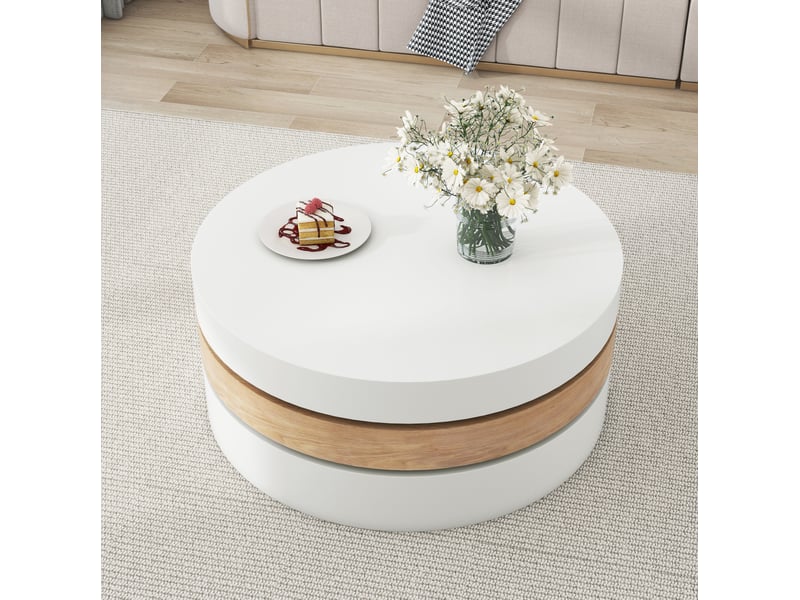  Table basse ronde 60 x 60 x 35,1 cm en mdf pivotante avec rangement blanc et naturel chicfurn  - Conforama B