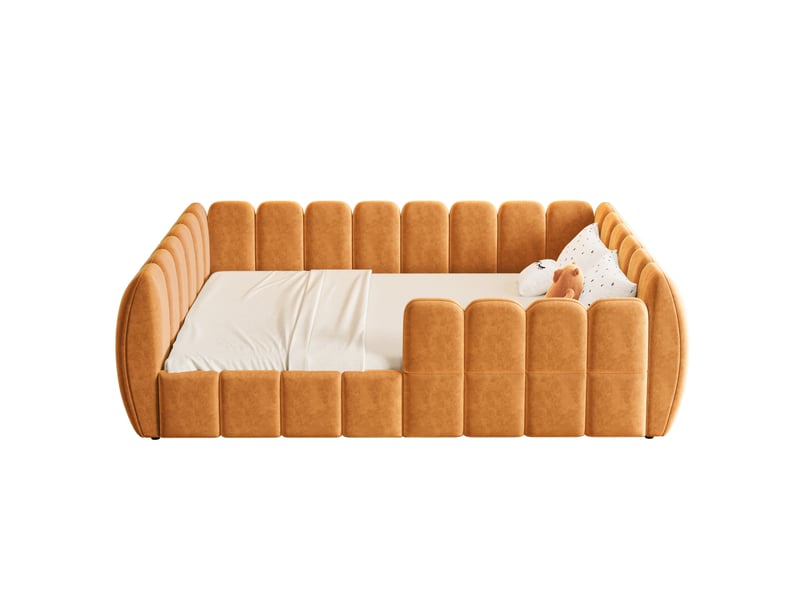  Lit enfant 2 places au sol 140×200 cm rembourré, bords arrondis - okmyhome- velours orange pour enfant, sans matelas  - Conforama E