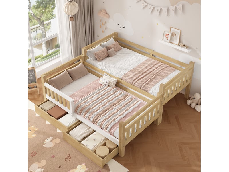 Lit superposé enfant 90x200 cm avec 2 tiroirs, transformable en 2 lits simples bois couleur blanc et naturel sans matelas - Conforama D