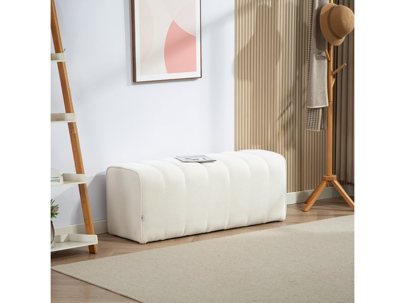  Banc de chambre moderne, banquette rembourrée avec structure en bois, capacité de charge jusqu'à 220 kg, repose-pieds, blanc crème  - Conforama D
