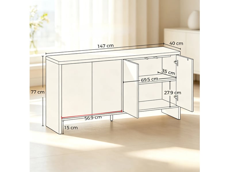  Buffet bas 4 portes avec étagères réglables et ouverture par pression pour salon en mdf chêne 147 × 40 × 77 cm  - Conforama C