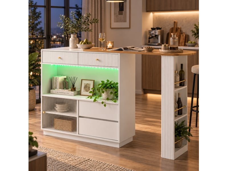 Desserte bar extensible 120x30x100 cm pivotante à 360° avec led blanc - Conforama D