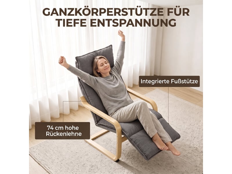  Fauteuil à bascule lounge avec repose-pieds, mouvement doux et dossier haut, revêtement polyester gris foncé  - Conforama E