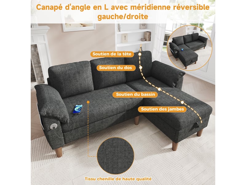  Canapé d'angle réversible gris foncé avec coffre et ports usb  - Conforama C