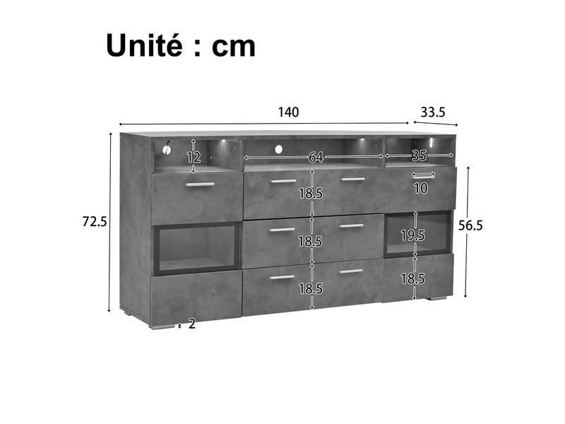 Buffet bas moderne gris 140 cm avec led, 2 portes acryliques et 3 tiroirs  - Conforama D