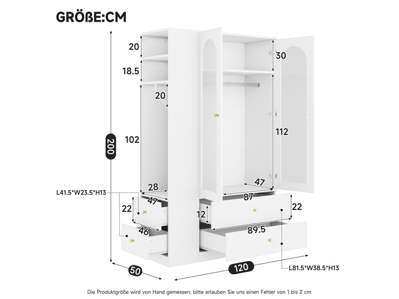  Armoire penderie 120 x 50 x 200 cm blanche, mdf, acier et verre, 4 tiroirs, 2 portes vitrées, 2 tringles  - Conforama C