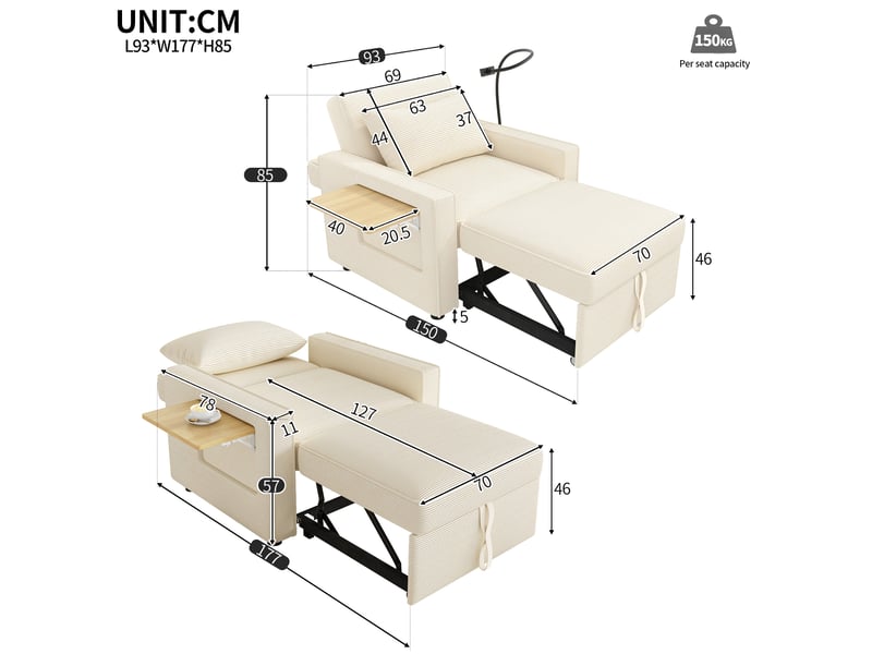  Canapé 1 place en velours côtelé beige avec dossier réglable 3 positions et port usb type-c  - Conforama C