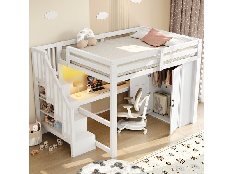  Lit mezzanine 140x200 cm avec bureau et étagère, armoire, lit enfant a escalier avec rangements, blanc, ports usb et éclairage led  - Conforama C