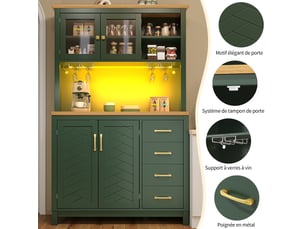 Buffet de cuisine 105.5x40x180 cm avec 4 portes, led et rangements coloris vert