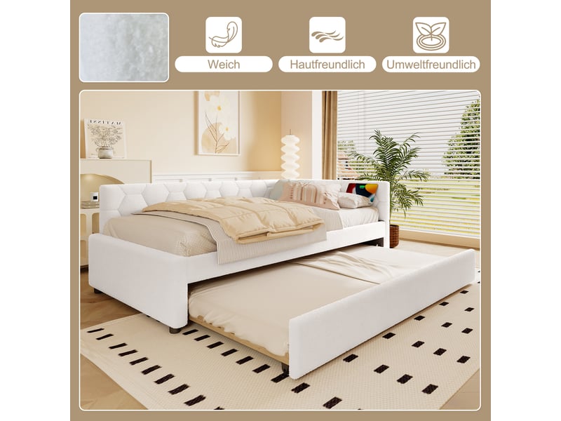  Lit de jour 90x200 canapé lit enfant avec lit gigogne et ports usb, tissu bouclette blanc  - Conforama E