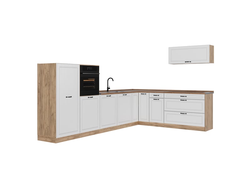 Vicco cuisine en angle, blanc campagnechêne doré, 327 x cm plan de travail chêne doré - Conforama A