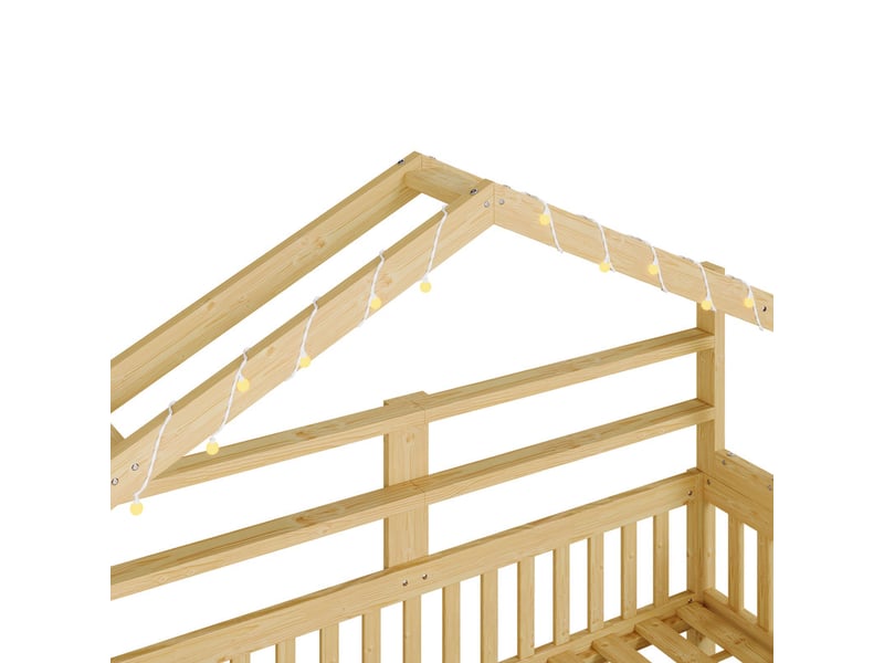  Lit enfant en bois, forme de maison, 140 x 200 cm, avec éclairage led, tiroirs et barrières de sécurité, couleur naturelle N879P000530N - Conforama E