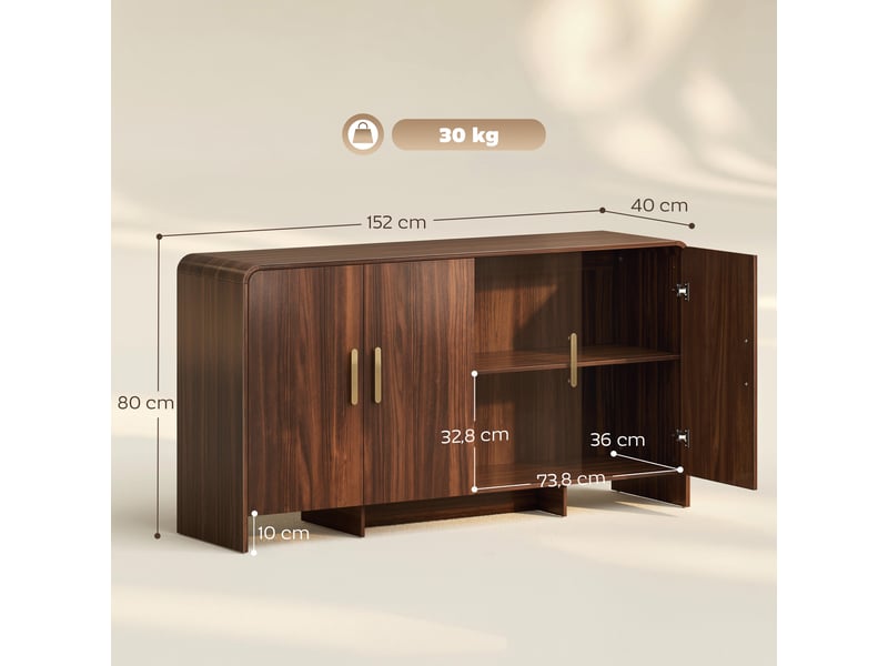 Buffet bas 4 portes 2 étagères design effet bois noyer poignées métal doré  - Conforama C