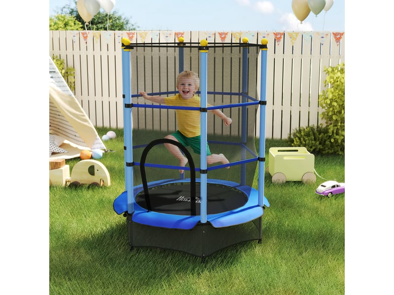  Trampoline enfant ø 1,40 × 1,90h m filet de sécurité porte zipée couvre-ressorts 6 poteaux rembourrés inclus bleu  - Conforama B