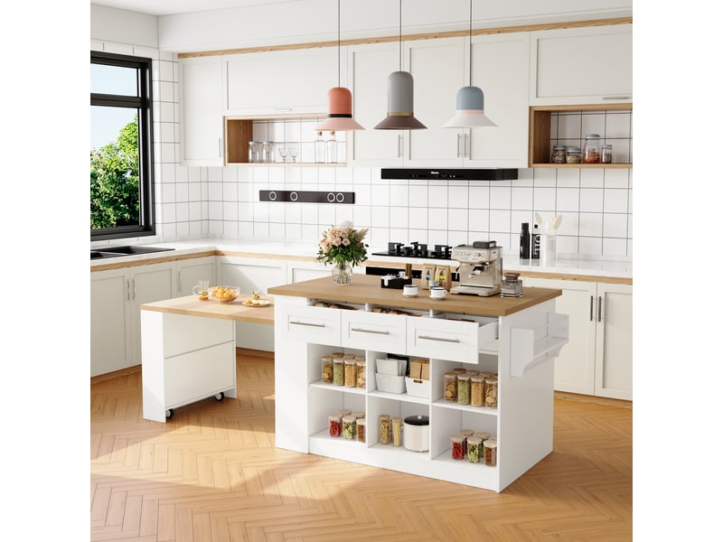  Îlot de cuisine avec 3 tiroirs muvano, table extensible, blanc et aspect bois, 120 × 60 × 90 cm  - Conforama D