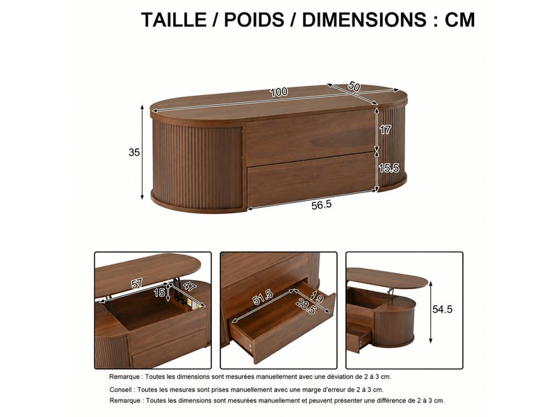  Table basse relevable ovale avec espace de rangement caché et 1 tiroir, finition couleur noyer clair, 100x50x35 cm, design scandinave  - Conforama C